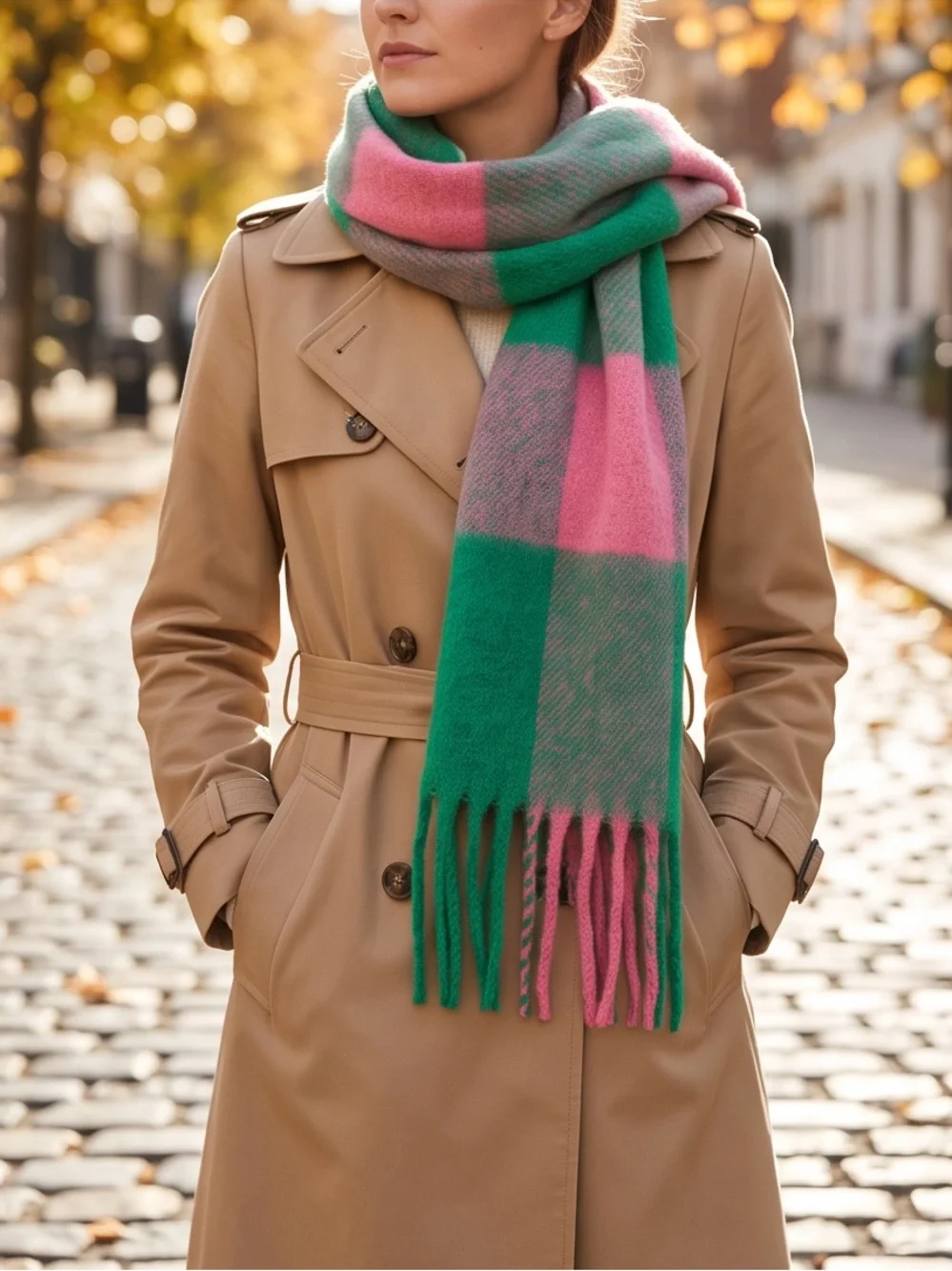 Plaid Fringe Scarf in Pink and Green